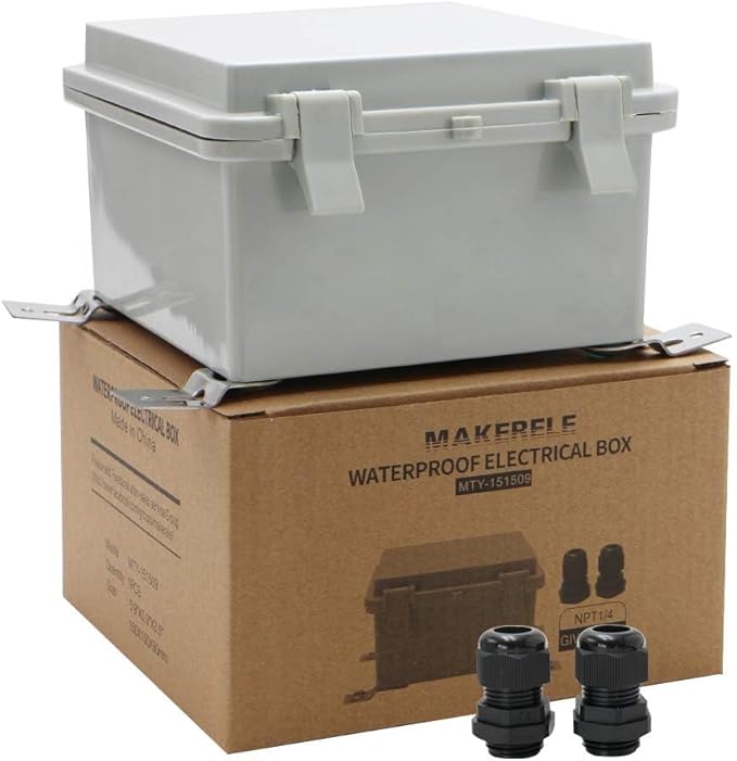 MAKERELE Electrical Weatherproof Outdoor Junction Box Small With Wall Bracket 5.9"5.9"3.5" (15015090mm) Universal Durable Cable Enclosure Include Mounting Panel Dustproof With 2 NPT 1/4” Glands by MAKERELE