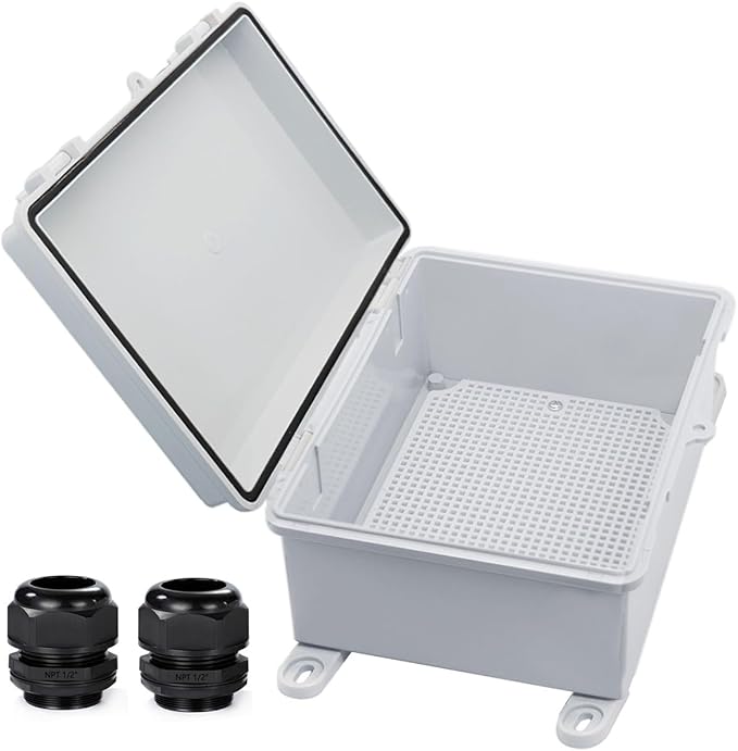 Waterproof Outdoor Electrical Box Junction Box Weatherproof IP67 ABS Plastic Enclosure Switch Router Project Box with Mounting Plate with Wall Bracket 2 Cable Glands Grey 8"x6"x4.3" by YETLEBOX