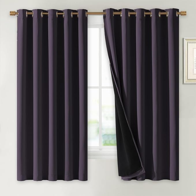 NICETOWN 100% Blackout Lined Curtains, Greyish Purple, 1 Pair, 70" Width x 63" Length Each Panel, 2 Thick Layers Completely Blackout Window Treatment Thermal Insulated Drapes for Kitchen/Bedroom by NICETOWN