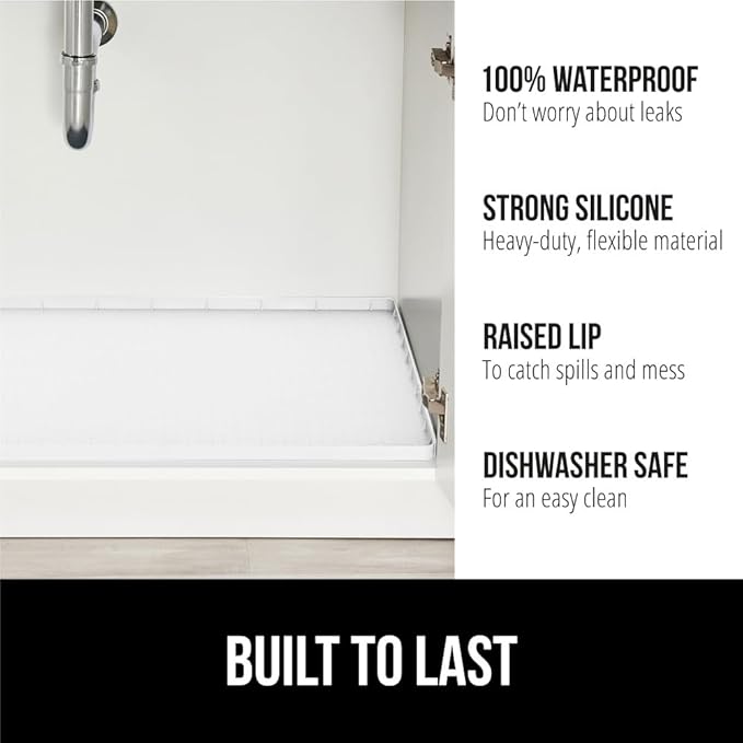 GORILLA GRIP Waterproof Silicone Under Sink Mat with Raised Lip for Kitchen and Bathroom, 31 x 22 in, Cabinet Shelf Liner Stay in Place Mats Dishwasher Safe Drawer Liner, Organizer Tray, White - Image 2
