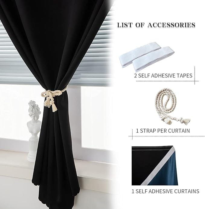 Autohesion Curtains for Windows,Bedroom Blackout Curtains for - Thermal Lnsulated No Drill Curtains Room Darkening Black Small Drapes, JILRON,(1 Panels,35Wx48L inch-Black) - Image 6