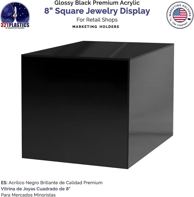 4 Pack 8 Inch Box Glossy Black Acrylic One Piece Display Box No Lid with One Open Side Versatile Square Plexiglass Merchandise Storage Bin or Retail Product Riser by Marketing Holders - Image 4