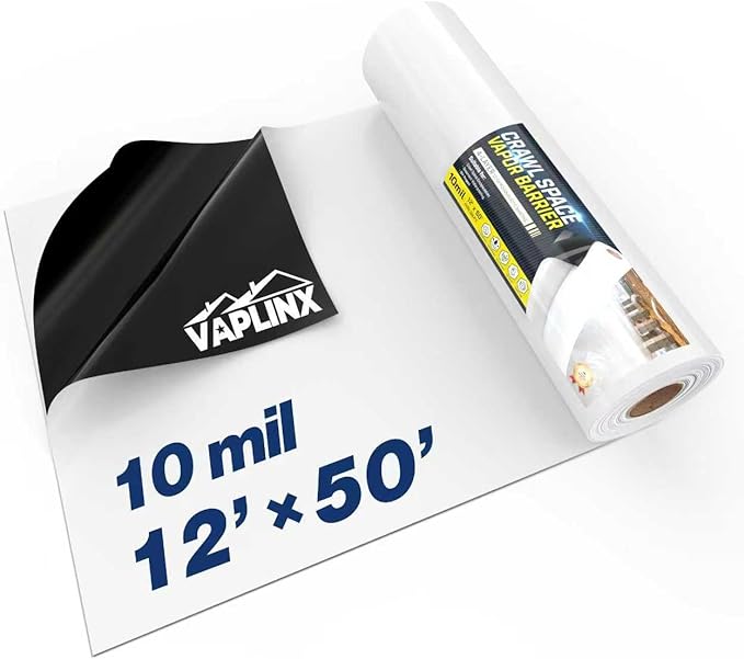 Crawl Space Vapor Barrier, 10 Mil Vapor Barrier, 12' x 50', Drop Cloth Moisture Barrier Covering for Crawlspace Encapsulation, Thick Plastic Sheeting, Polyethylene Film, Black and White Panda Film by VAPLINX