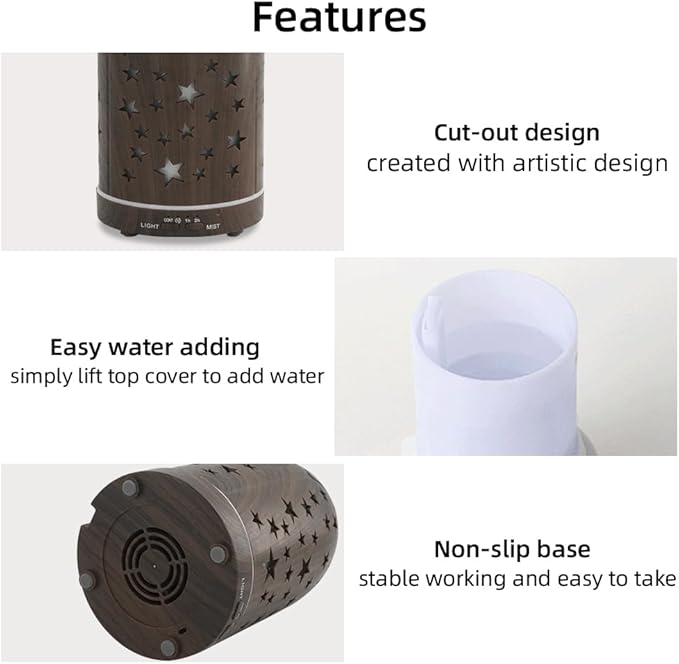 Aromatherapy Diffusers,7.1''x3.5''Diffuser with 3 Essential Oil Set,Small 200ml Office Desk Humidifier with 7 LED Colors Night Lights,Waterless Auto-Off for Home Decor Gift (Star Dark Wood Grain) - Image 7