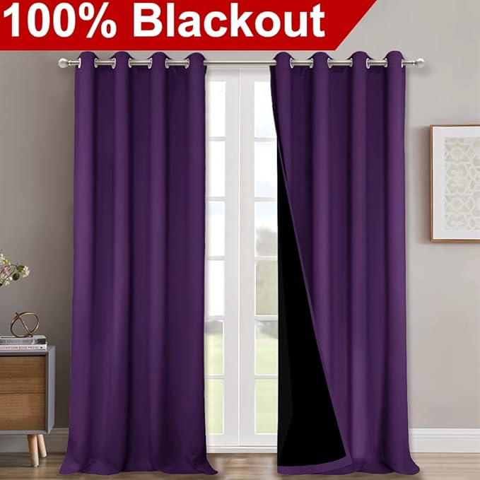 NICETOWN Truly Blackout Drapes for Living Room, Heavy-Duty Full Light Shading Curtain Set with Black Liner Backing for Villa/Hall/Dorm Window（Royal Purple, Package of 2, 52 inches W x 95 inches L - Image 2