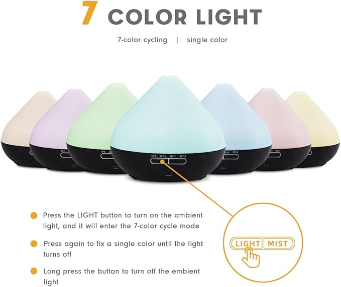 550ml Large Capacity Diffuser with Essential Oils, Aromatherapy Ultrasonic Air Humidifier for Bedroom, 7 LED Lights, Timer and Waterless Auto-Off for Home Decor Gift,Office Spa - Image 4