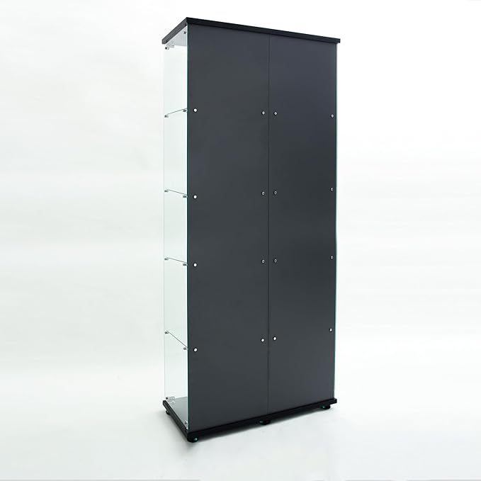 Yoluckea 5-Tier Glass Display Cabinet with Bluetooth LED Light Strip, 2-Door Floor Standing Curio Cabinet with Universal Wheel and Mirror Back Panel, Black Glass Bookshelf for Collections, Wood Top - Image 9