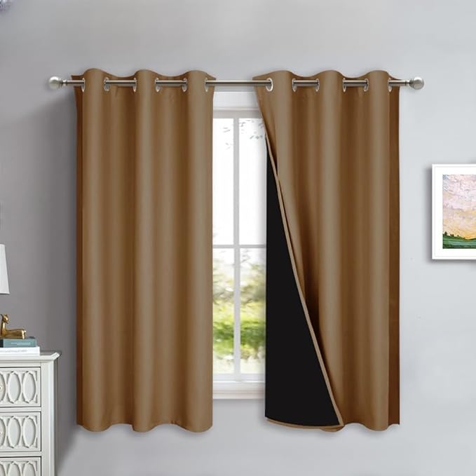 NICETOWN 100% Blackout Lined Curtains, Gold Brown, 1 Pair, 42" Width x 63" Length Each Panel, 2 Thick Layers Completely Blackout Window Treatment Panels Thermal Insulated Drapes for Kitchen by NICETOWN