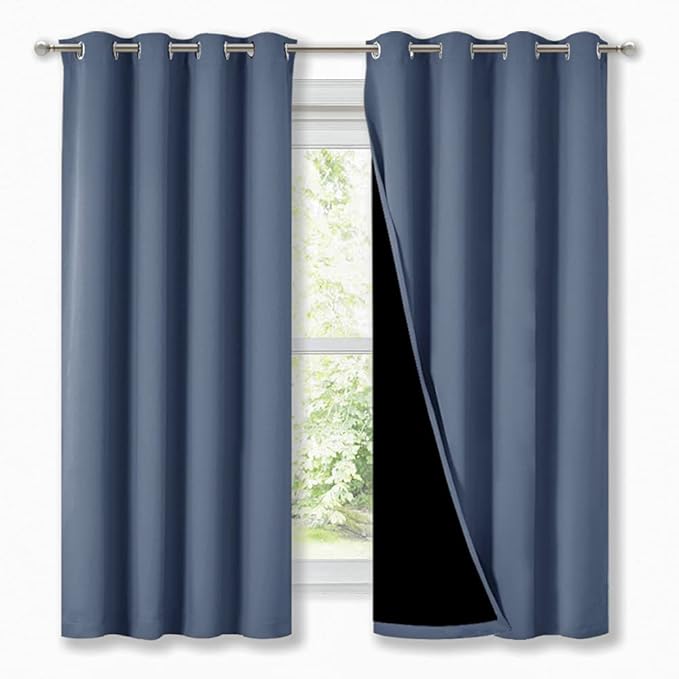 NICETOWN 100% Blackout Curtains with Black Liners, Thermal Insulated Full Blackout 2-Layer Lined Drapes, Energy Efficiency Window Draperies for Bedroom (Stone Blue, 2 Panels, 52-inch W by 63-inch L) by NICETOWN