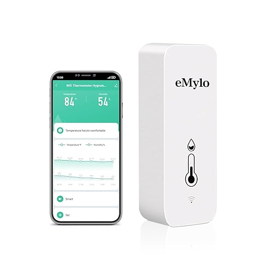 eMylo WiFi Temperature Humidity Sensor, Wireless Indoor Thermometer Hygrometer with App Alert, Free Data Storage Export, Smart Temperature Humidity Monitor for Home Bedroom, Compatible with Alexa (1) by eMylo