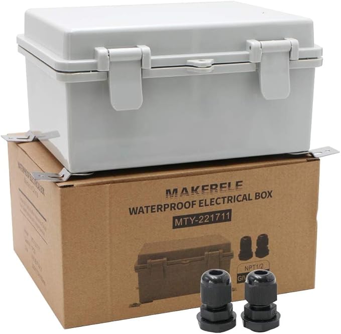 MAKERELE Small Junction Box Outdoor Electrical Watertight Plastic Includes Internal Mounting Panel 8.6" 6.7" 4.3" (220170110mm) Electronic Waterproof Case with 2 NPT 1/2” Glands and Wall Bracket by MAKERELE