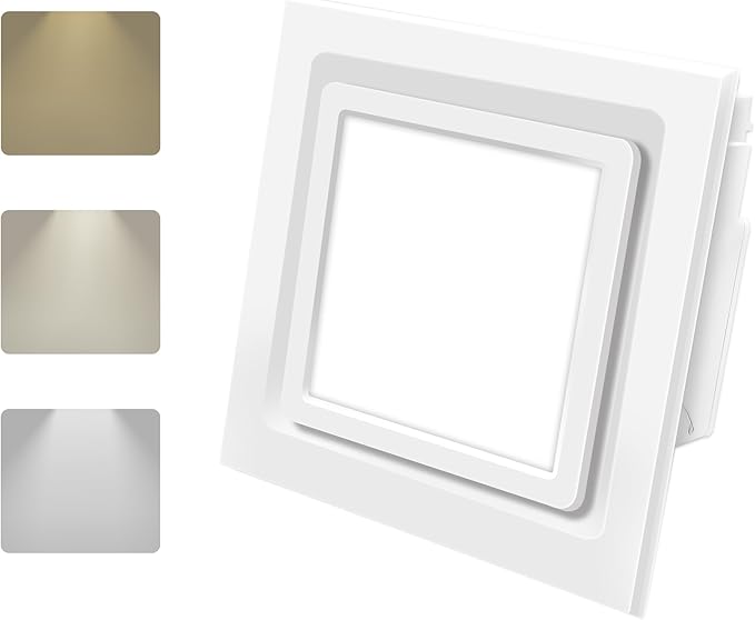 Bathroom Ventilation Fan with Light,With light color controller,12W Square LED 3000K/4500K/6000K,141 CFM,0.7 Sones Quiet Bathroom Exhaust Fan,White(3-Colour LED) by POWERENG