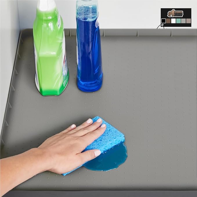GORILLA GRIP Waterproof Silicone Under Sink Mat with Raised Lip for Kitchen and Bathroom, Cabinet Shelf Liner Stay in Place Mats Dishwasher Safe Drawer Liner, Organizer Tray, 19 x 34 in, Gray by GorillaGrip