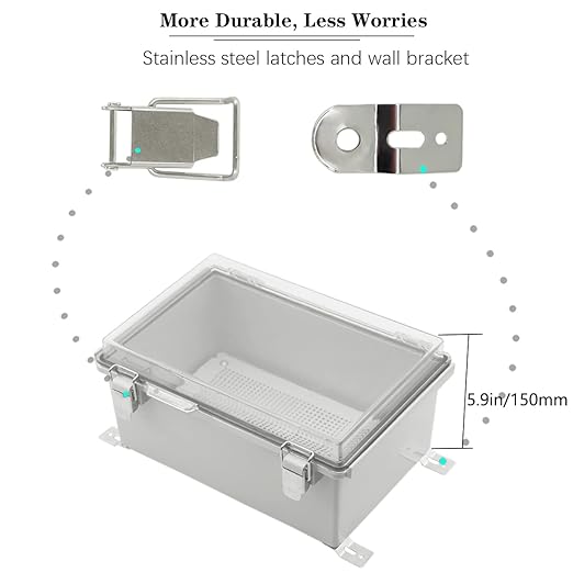 Zulkit Junction Box IP67 Waterproof Electrical Box Hinged Clear Cover Stainless Steel Latch Plastic Enclosure for Project w Mounting Plate Wall Bracket and 2 Cable Gland 13.8"x9.8"x5.9"/350x250x150mm - Image 2