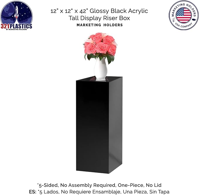 Acrylic Display Riser Box Pedestal No Lid Flower Tower Art Sculpture Tall Pillar Stand Display 12" x 12" x 42" Glossy Black by Marketing Holders - Image 5
