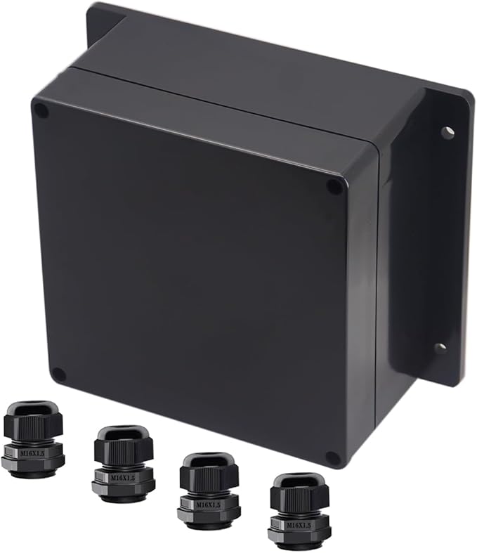 Project Box ABS Black Electrical Boxes IP65 Outdoor Waterproof Box Electronic Junction Box Fixed Ear Power Enclosure with Cable Glands for DIY Project 6.3 x 6.3 x 3.54 inch (160x160x90mm) by Raculety