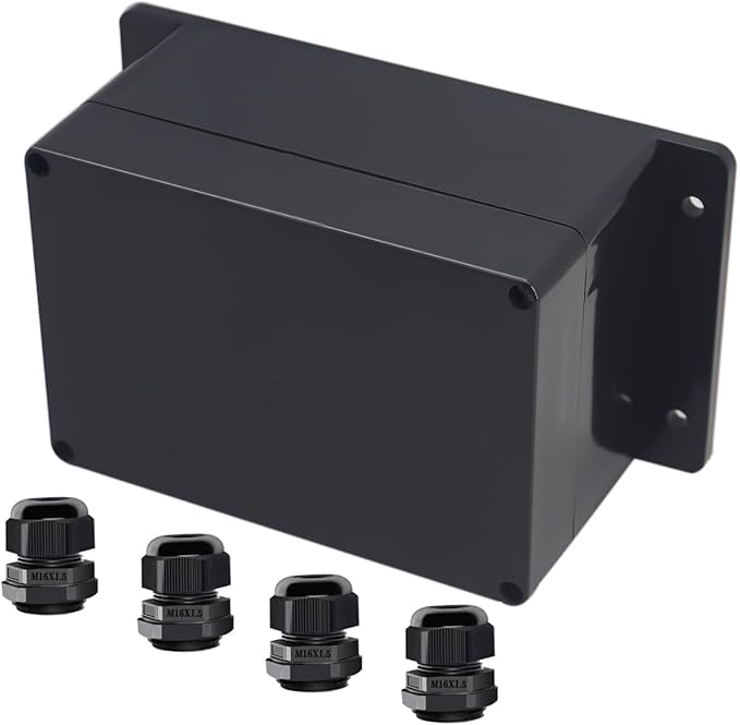 Project Box ABS Black Electrical Boxes IP65 Outdoor Waterproof Box Electronic Junction Box Fixed Ear Power Enclosure with Cable Glands for DIY Project 6.3 x 4.33 x 3.54 inch (160x110x90mm) by Raculety