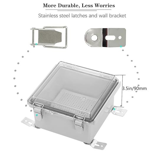 Zulkit Junction Box IP67 Waterproof Electrical Box Hinged Clear Cover Stainless Steel Latch Plastic Enclosure for Project w Mounting Plate Wall Bracket and 2 Cable Gland 5.9"x5.9"x3.5"/150x150x90mm - Image 2