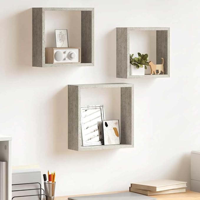 vidaXL Set of 3 Modern Wall Cube Shelves in Concrete Gray Floating Storage Solutions for Living Room Study and Office Shelf Corner Decorative Modular Shelving Organizer Indoor - Image 2