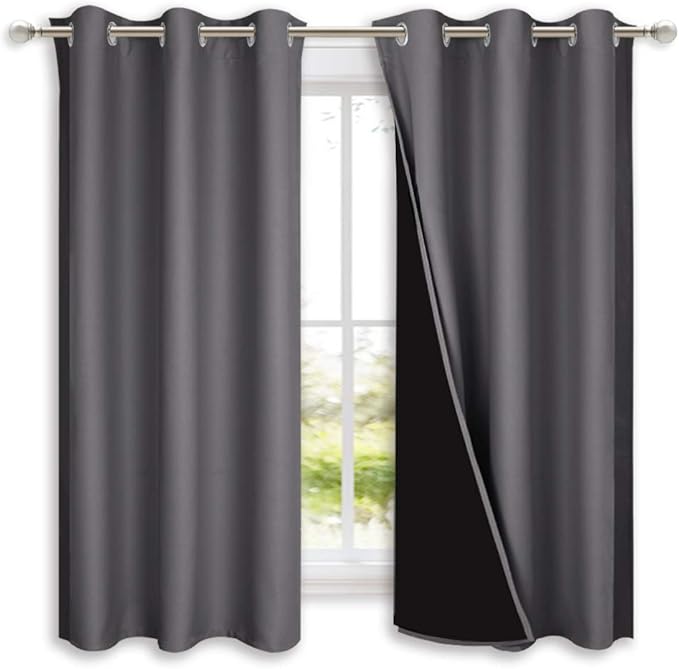 NICETOWN 100% Blackout Curtains with Black Liners, Thermal Insulated Full Blackout 2-Layer Lined Drapes, Energy Efficiency Window Draperies for Bedroom (2 Panels, 42 inches W by 63 inches L, Grey) by NICETOWN