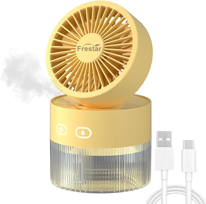 Personal Cooling Fan and Small Air Humidifier 350ml with LED Night Light, Desktop USB Charging Humidifier and Fan 3 in 1 for Office and Small Room, No Battery (Yellow) by frestar