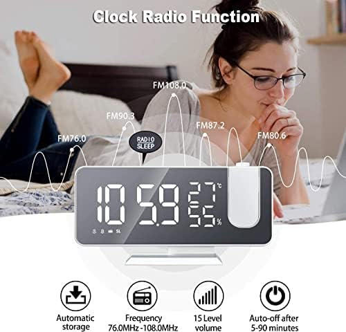 Projection Digital Alarm Clock for Bedrooms, Clock Radio on Ceiling, USB Charger Port, Temperature & Humidity Display, 7.3” Large Mirror LED Display,12/24H,Snooze,Dual Loud Alarm Clock- 4 Dimmer - Image 3