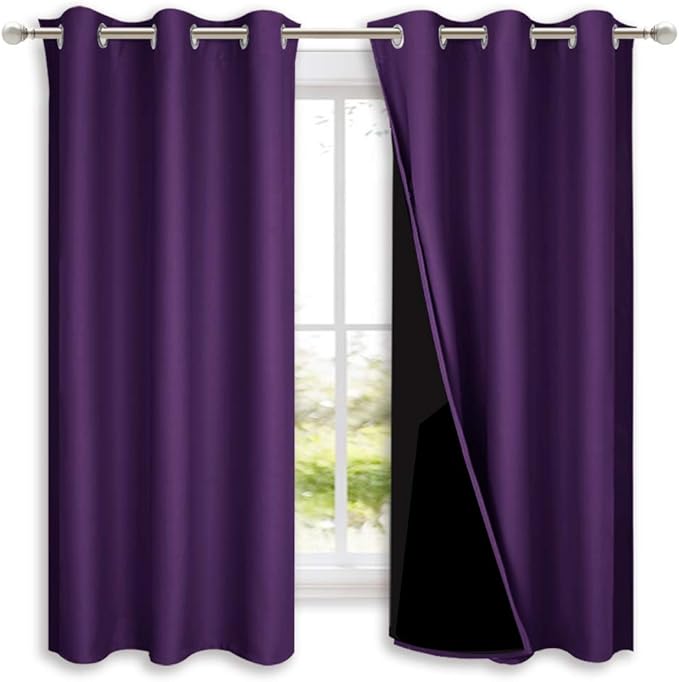 NICETOWN 100% Blackout Short Curtains with Black Liners, 2 Panels, 37" W by 63" L, Royal Purple, Solid Thermal Insulated Full Blackout 2-Layer Lined Drapes, Energy Efficiency Window Drapes for Bedroom by NICETOWN