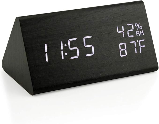 OCT17 Wooden Alarm Clock, Smart LED Digital Clock for Bedroom/desks, Upgraded with Time Temperature, Adjustable Brightness and Voice Control, Humidity Displaying - Black by OCT17