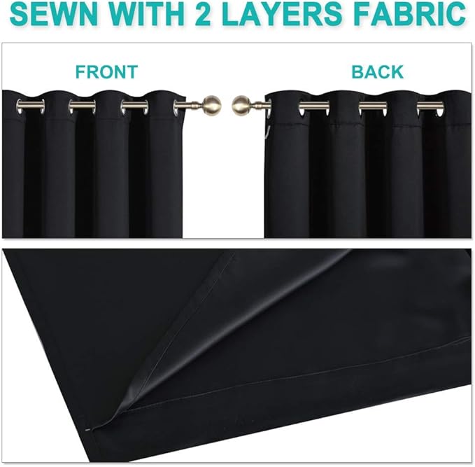 NICETOWN Complete 100% Blackout Curtain Set, Black, 37" W by 40" L, Double Panels, Thermal Insulated & Energy Efficiency Window Draperies with Black Liner, Noise Reducing Short Curtains for Kids Room - Image 5