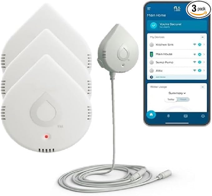 Moen 920-005 Flo Smart Water Leak Detector, White, 3-Pack with 3-Pack 6-Foot Leak Sensing Cable by Moen