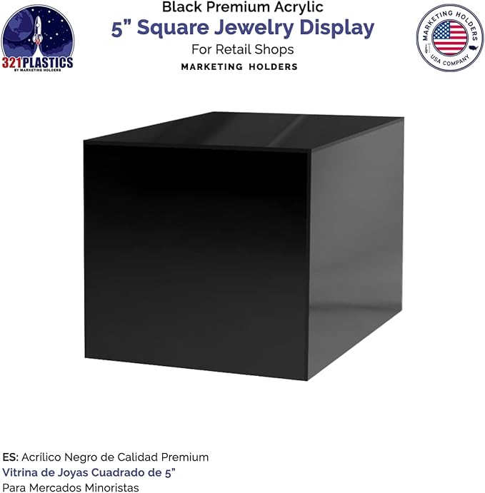 Marketing Holders 5" Acrylic Display Riser Box with One Open Side No Lid Versatile Preassembled Glossy Black Square Lucite Retail Product Platform or Merchandise Storage Bin - Image 5