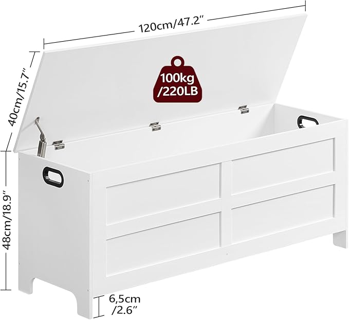 Storage Chest, 47.2” Large Toy Chest, Entryway Storage Trunk, Storage Bench with Safety Hinge, Entrance Bench for Living Room, Entrance, Bedroom, White SCWT48901 - Image 3