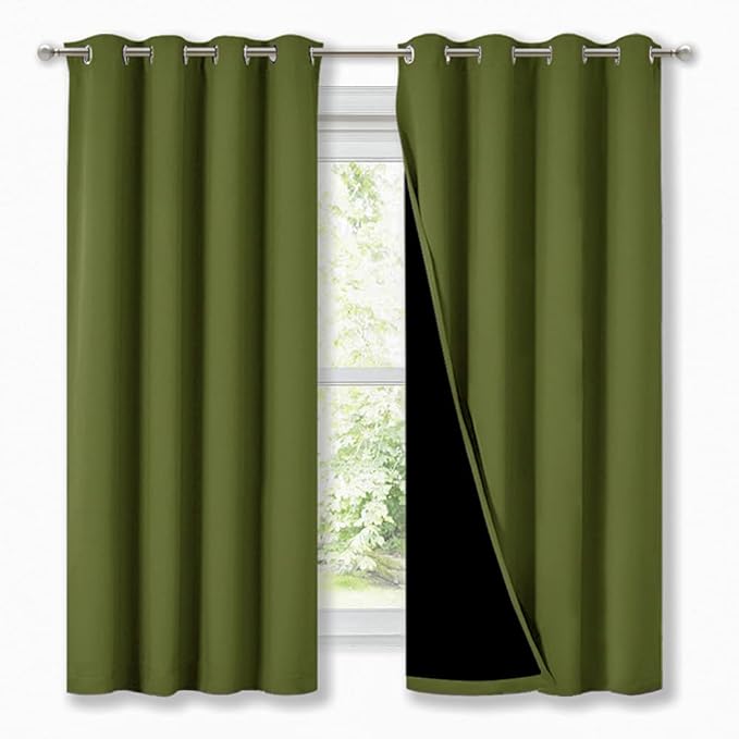 NICETOWN 100% Blackout Curtain Panels, Thermal Insulated Black Liner Curtains for Nursery Room, Noise Reducing and Cold Blocking Drapes for Windows (2 PCs, Olive Green, 52-inch Wide by 63-inch Long) by NICETOWN
