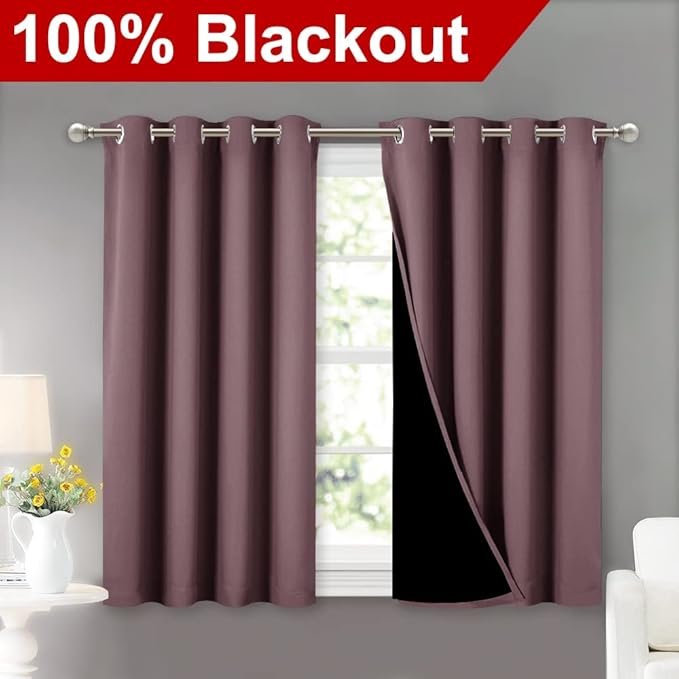 NICETOWN Dry Rose 100% Blackout Curtains 45 inches Long, 2 Thick Layers Completely Blackout Window Treatment Thermal Insulated Lined Drapes for Small Window (1 Pair, 52 inches Width Each Panel) - Image 2
