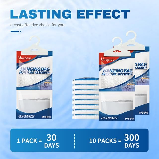 Vacplus Moisture Absorbers Packets, Fragrance Free 10 Pack, Humidity Packs, Dessicant Packets, Hanging Closet Dehumidifier Bags, Odor Eliminator for Bathroom 9.8OZ - Image 3