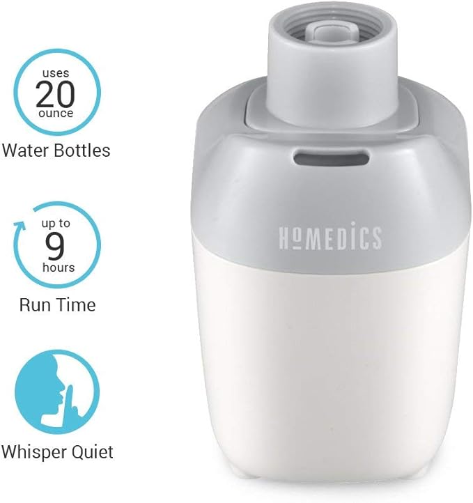 Homedics Ultrasonic Portable Humidifier – Small Air Humidifiers for Bedroom, Plants, Office, Travel – Cool Mist Humidifiers, Uses Standard Water Bottle, White - Image 4