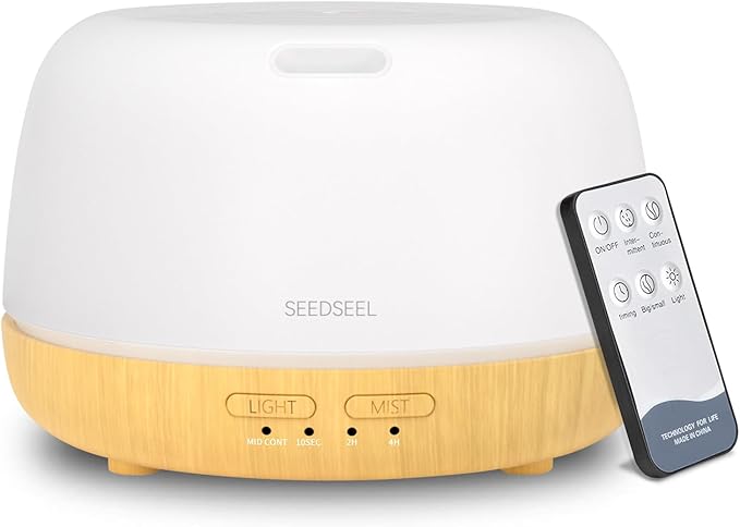 300ML Essential Oil Diffuser,Quiet 8 Hours Operation, 7-Color LED Light, 4 Timer, Remote Control, Aromatherapy Diffuser Auto-Off, for Bedroom, Living Room, Office, Home by SEEDSEEL