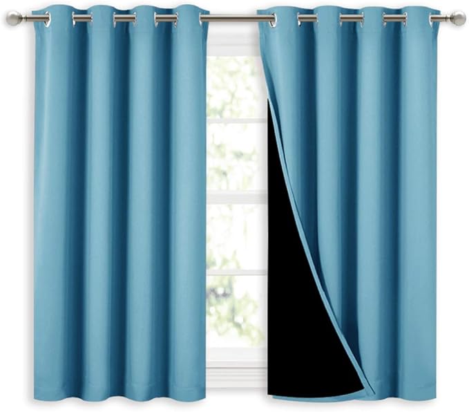 NICETOWN 100% Blackout Short Curtains with Black Liners, Thermal Insulated Full Blackout Lined Drapes, Energy Efficiency Window Draperies for Boy's Room (Teal Blue, 2 Panels, 52-inch W by 45-inch L) by NICETOWN