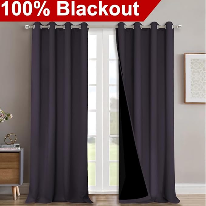 NICETOWN Full Shading Curtains for Windows, Greyish Purple, Pack of 2, 52" W x 95" L, Super Heavy-Duty Black Lined Blackout Curtains for Bedroom, Privacy Assured Window Treatment - Image 2