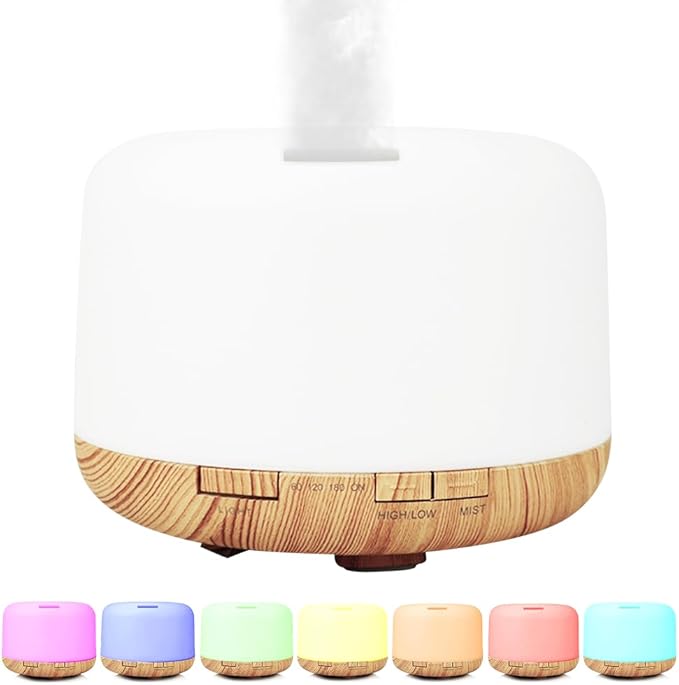 500ml Premium Essential Oil Diffuser,Quiet 4-in-1 Ultrasonic Aromatherapy Humidifier,7 Color LED Lights,with Adjustable Automatic Timer Off Function and Spray Mode. (Light Woodgrain,Classic Model) by Unknown