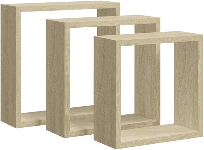 vidaXL Set of 3 Sonoma Oak Wall Cube Shelves - Modern, Durable MDF Floating Shelves for Display and Storage, Easy Installation by vidaXL