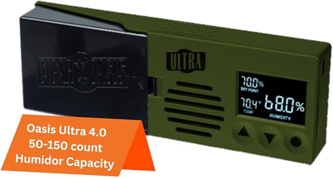 Cigar Oasis Ultra 4.0 Cigar Humidor Humidifier - Electric Humidor Humidifier w/LCD Humidity & Temperature Display, Soft-Touch Buttons - Sensor-Controlled Fan, Humidor for Cigar, 50-100 Cigars by CigarOasis