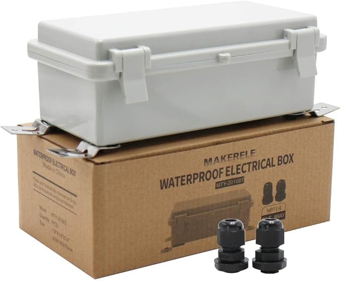 MAKERELE Small Electrical Junction Box With Cover Waterproof Outdoor Hinged Plastic Clip 7.9"3.9"2.8" (20010070mm) Outdoor Watertight DIY Electronics Enclosure with Wall Bracket and 2 NPT 1/4” Glands by MAKERELE