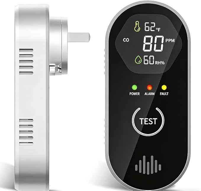 Plug-in CO Detector with LCD, 3-in-1 Monitors CO Temperature Humidity, 85dB Alarm, for Home Office RV Travel by COCHYSCELA