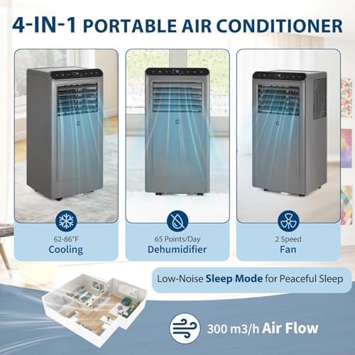 8000 BTU Portable Air Conditioners, 3 in-1 Portable AC Unit with Dehumidifier, Quiet Air Conditioner for Bedrooms and Offices up to 350 Sq.Ft, Remote Control & 24H Timer, Grey & Black - Image 2