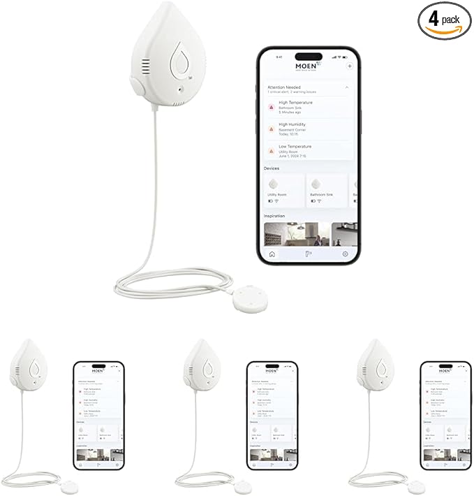 Moen Flo Smart Water Leak Detector, Drip or Flood Sensor Alarm for Home, 4-Pack, White, 920-004 by Moen