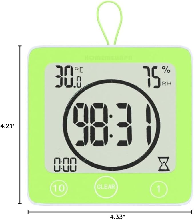 Waterproof Bathroom Wall Clock and Timer, Digital Water Resistant Hanging Timer for Shower, Large Display Kitchen Cooking Countdown Timers, Mirror Suction Clock with Temperature Humidity Meter (Green) - Image 8