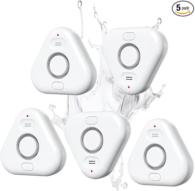5 Pack Water Leak Detectors for Home, Stechro 4 Levels Adjustable Audio 0-120dB Water Sensor Alarm Leak Detector with Leak and Drip Alert, IP66 Water Leak Sensor for Basements Kitchen Sink Laundry by stechro