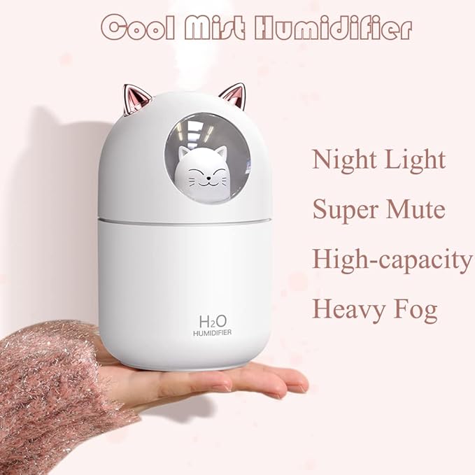 Portable Small Humidifier, 300ml Mini Cool Mist Humidifier with Night Light, USB Personal Humidifier Auto Shut-Off, Ultra-Quiet, 2 Spray Modes, Suitable for Home Office Travel(white) - Image 4