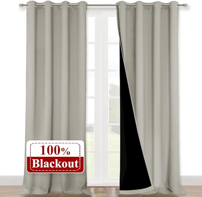 NICETOWN Natural 100% Blackout Curtains for Windows, Pack of 2, 52 inches W x 120 inches L, Super Heavy-Duty Black Lined Total Darkness Drapes for Bedroom, Privacy Assured Window Treatment for Patio by NICETOWN